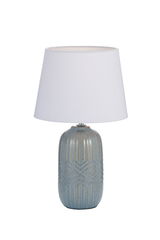 Table lamp with blue-gray ceramic base and white fabric shade for home lighting