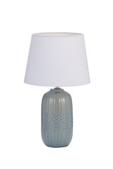 Table lamp with blue-gray ceramic base and white fabric shade for home lighting