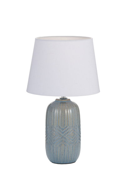 Table lamp with blue-gray ceramic base and white fabric shade for home lighting