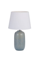 Table lamp with blue-gray ceramic base and white fabric shade for home lighting