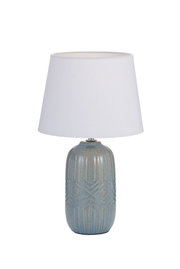 Table lamp with blue-gray ceramic base and white fabric shade for home lighting