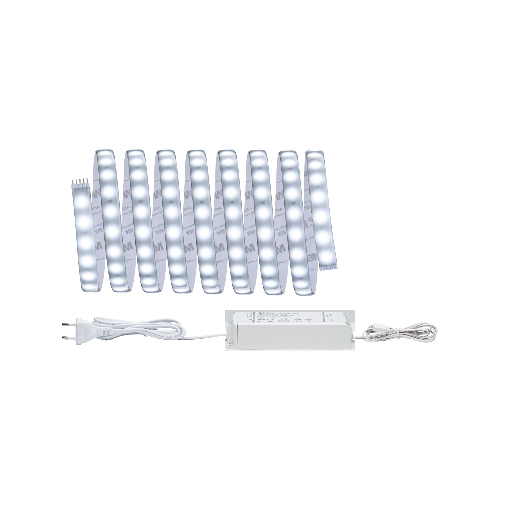 MaxLED 500 LED-lysbånd Basissæt 3m dagslys hvid belagt 18W 550lm/m 6500K 36VA Fleksibel hvid LED-lysskinne med strømforsyning til moderne indendørs belysning og dekoration