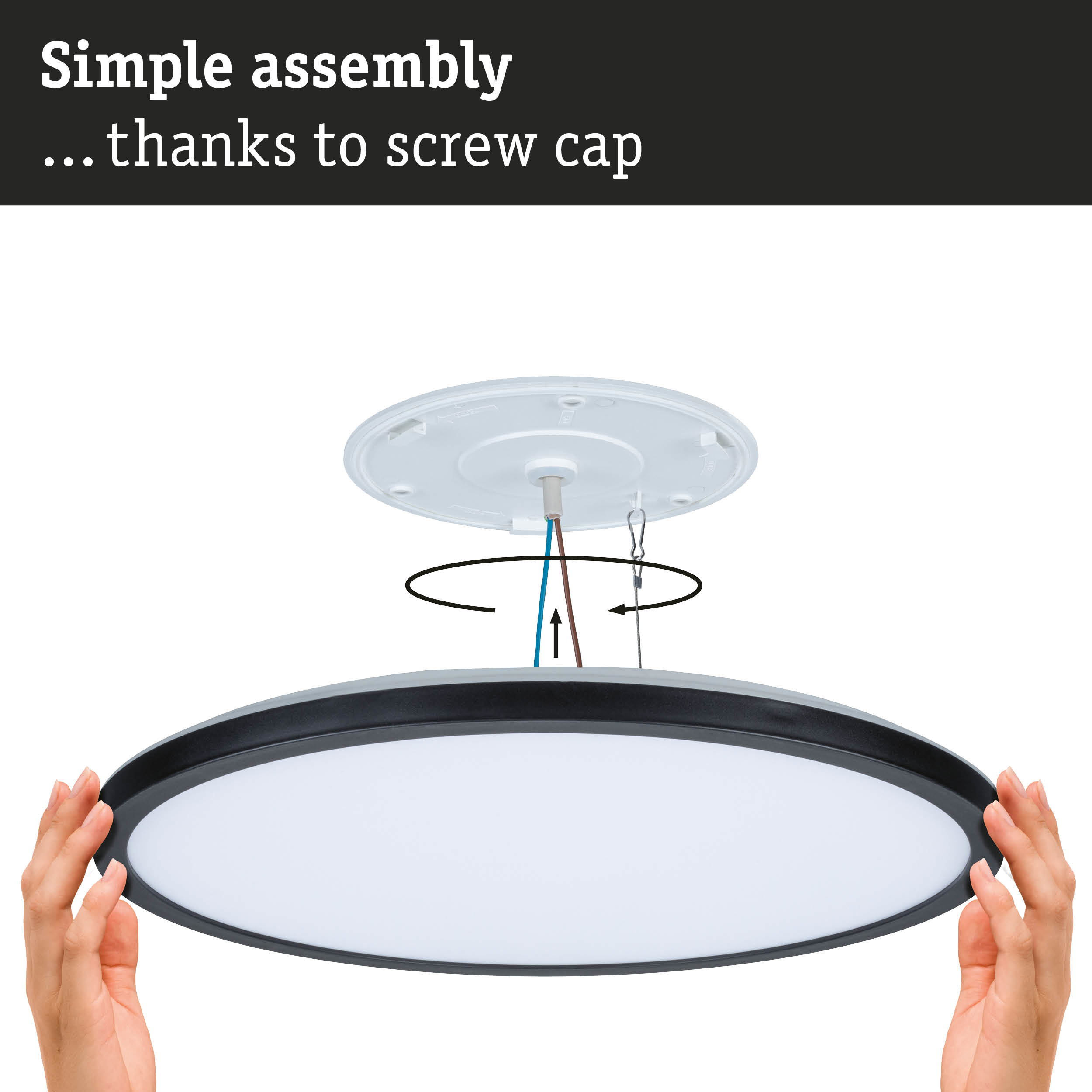 Assembly of round ceiling light with black frame and white diffuser using screw cap