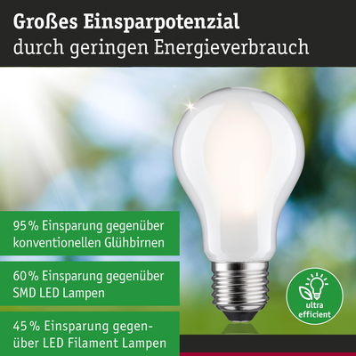 Energiesparpotenzial mit weißer LED-Glühbirne und Effizienzangaben zu herkömmlichen Lampen