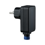Schwarzer elektrischer Adapter mit blauem Drehknopf und Euro-Stecker für Lichttechnik-Anwendungen