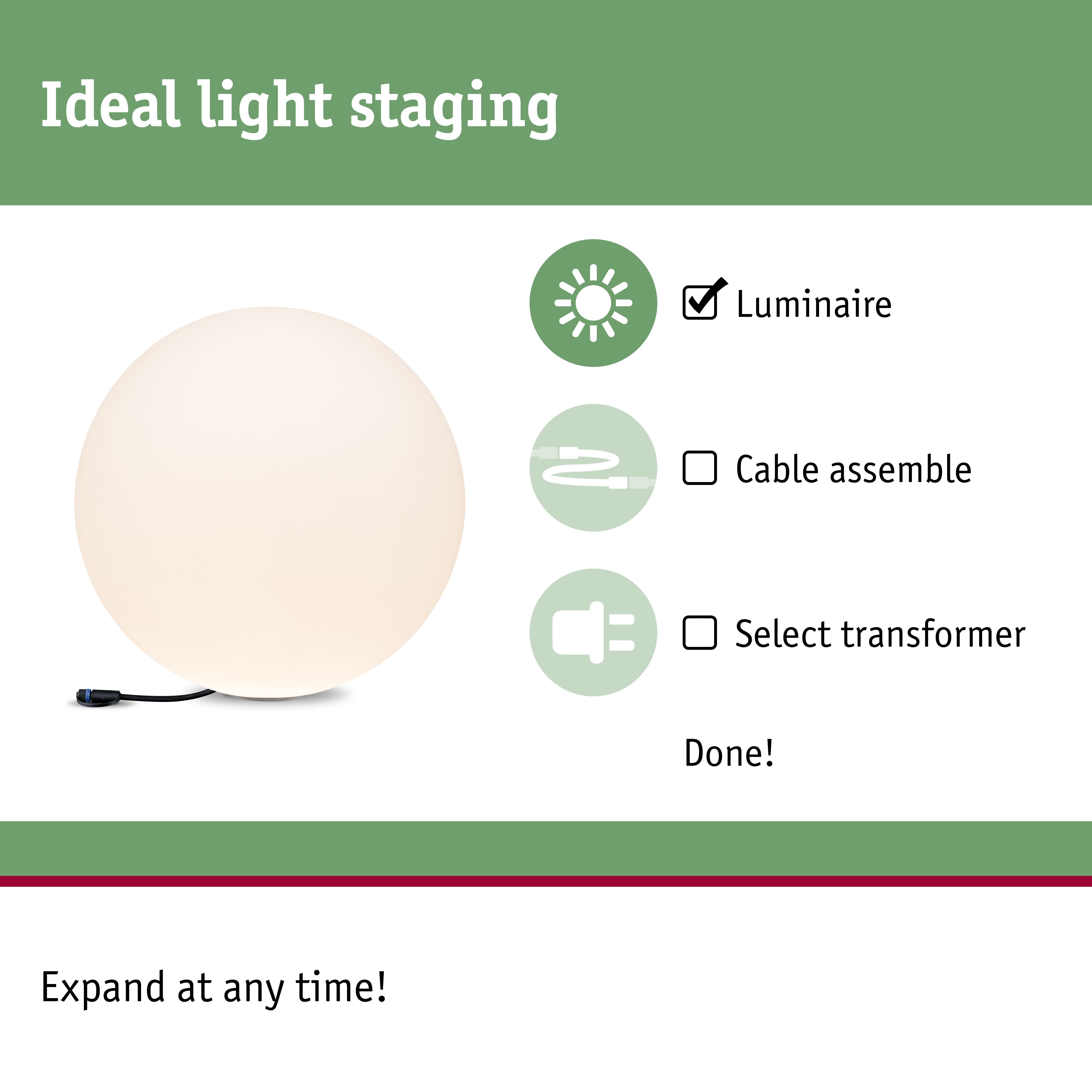 Round white luminaire with black cable, perfect for light staging without cable assembly