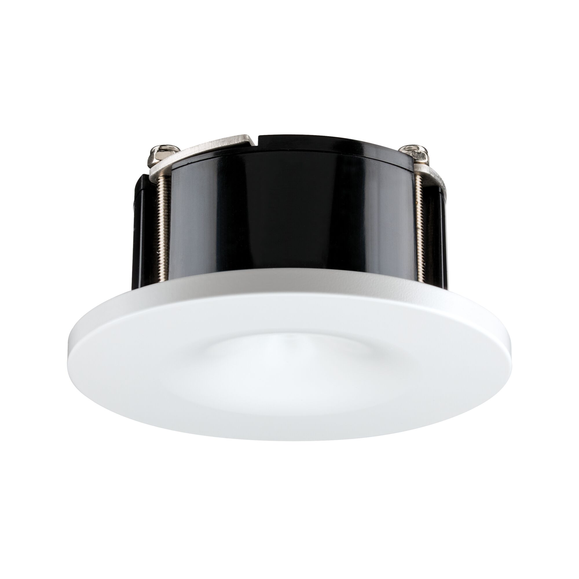 Adaptateur pour suspensions diamètre encastrement 68mm alu tourné 92mm Blanc dépoli Boîtier rond de spot LED encastré blanc avec dissipateur thermique noir en plastique et métal.