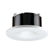 Round white LED recessed light housing with black plastic and metal heat sink for ceiling.