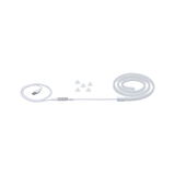 White LED light strip with USB connector and five clear clips for versatile lighting solutions.