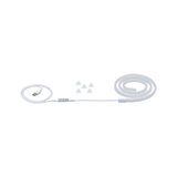 Bande lumineuse LED blanche avec connecteur USB et cinq clips transparents pour éclairage polyvalent.
