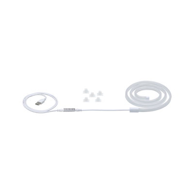 Bande lumineuse LED blanche avec connecteur USB et cinq clips transparents pour éclairage polyvalent.