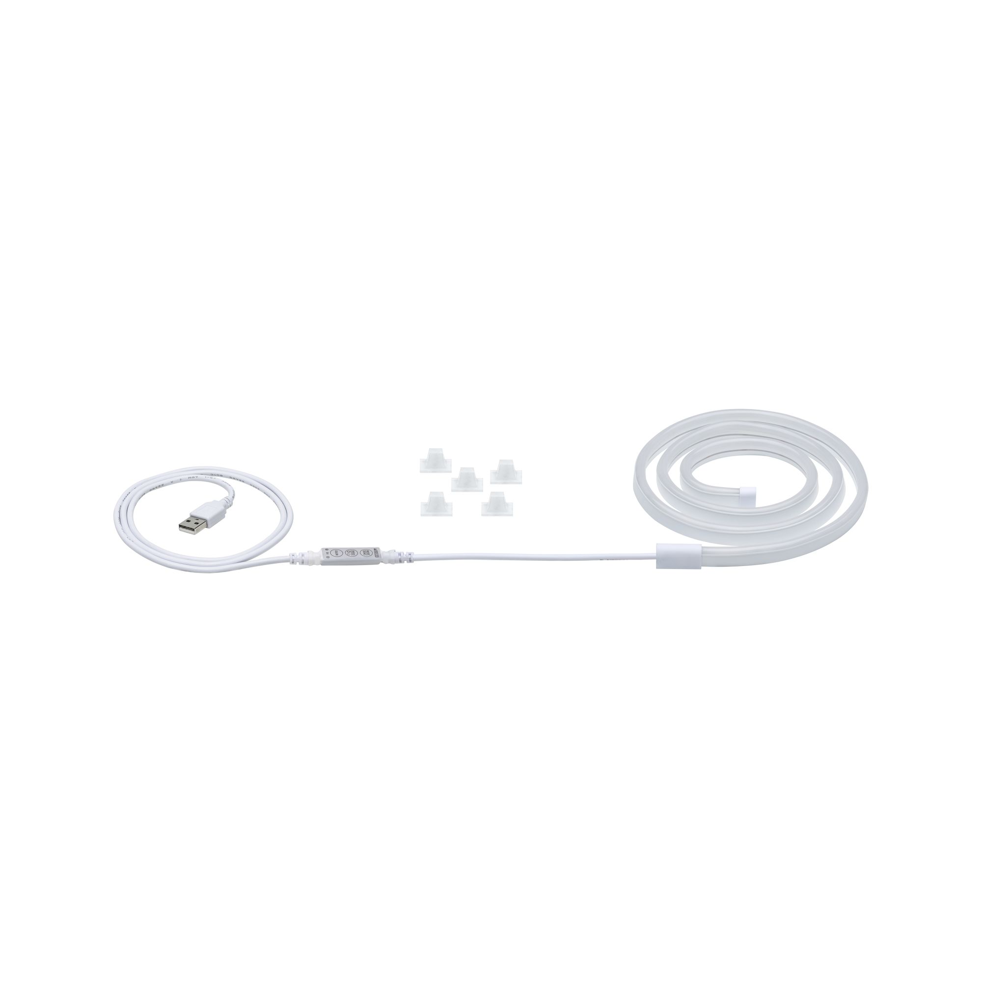 White LED Neon Flex light strip with USB connector and plastic mounting clips