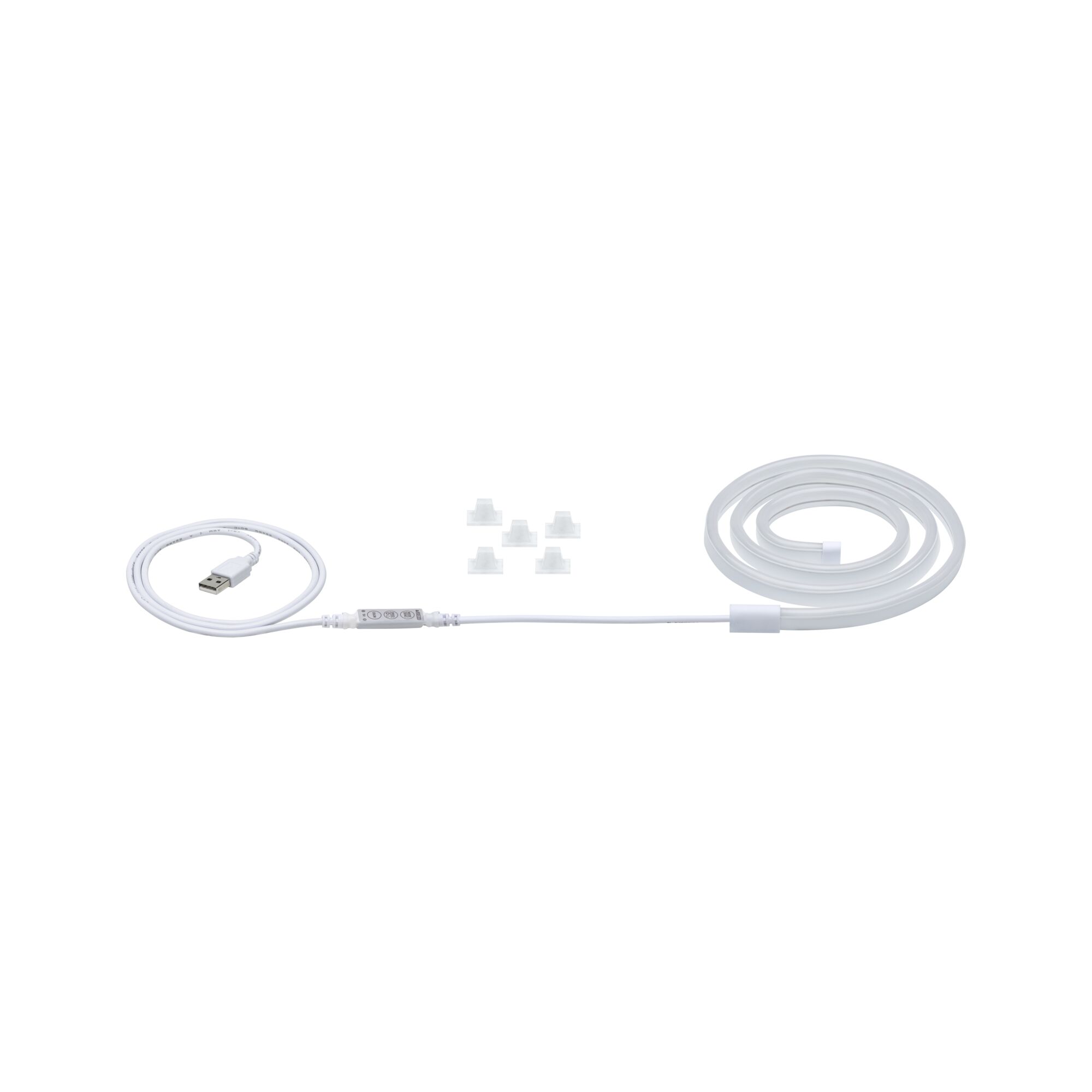 Bande lumineuse LED Neon Flex blanche avec connecteur USB et clips de fixation en plastique