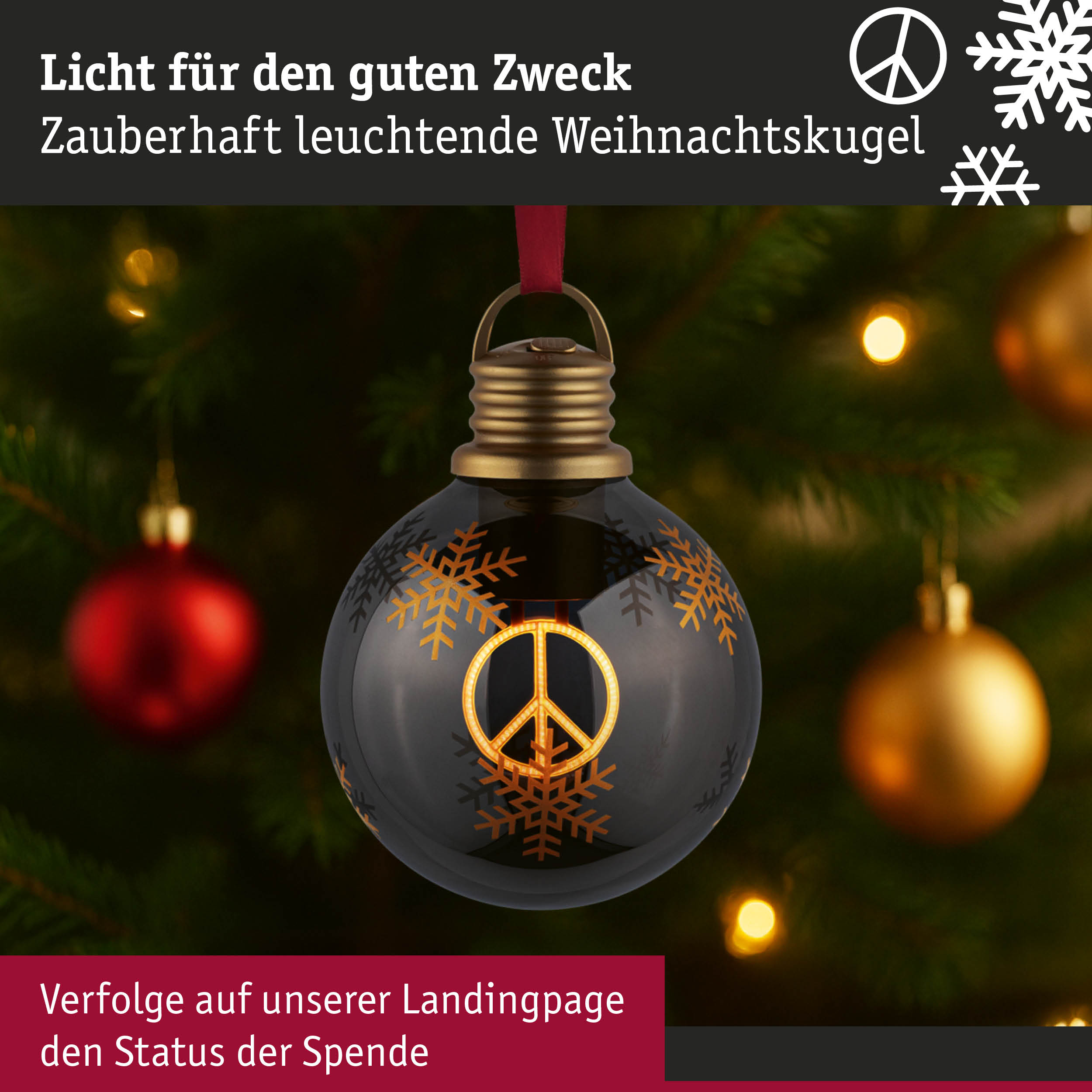 Batterieleuchte Weihnachtskugel Peace Braun, Gold 100mm 2200K