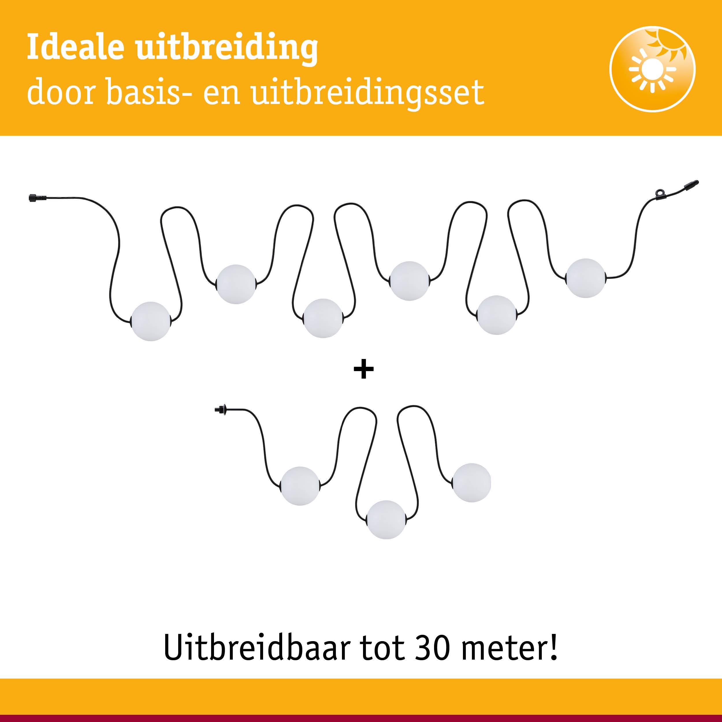 Uitbreidbare LED-lichtsnoer met witte bollen en zwarte kabel, tot 30 meter lang