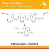 Uitbreidbare LED-lichtsnoer met witte bollen en zwarte kabel, tot 30 meter lang