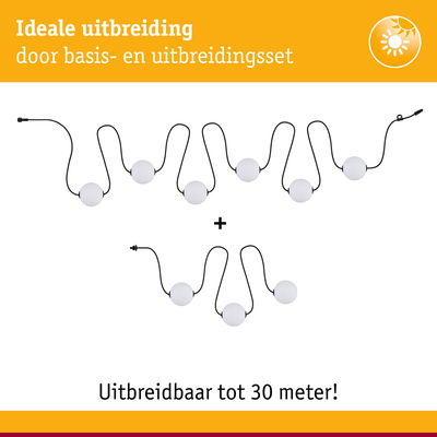 Uitbreidbare LED-lichtsnoer met witte bollen en zwarte kabel, tot 30 meter lang