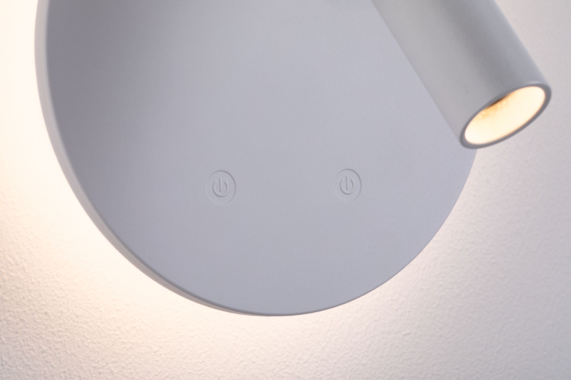 Graue LED-Wandleuchte mit runder Basis und zwei Touch-Schaltern für modernes Lichtdesign