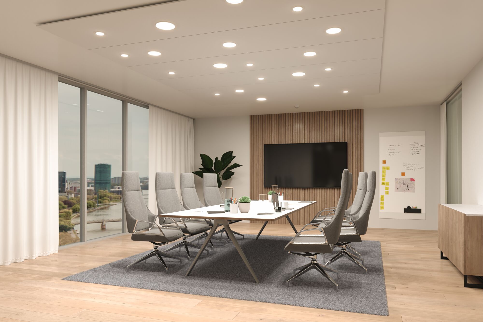 Modern conference room with grey office chairs, white table and LED ceiling lights for office lighting