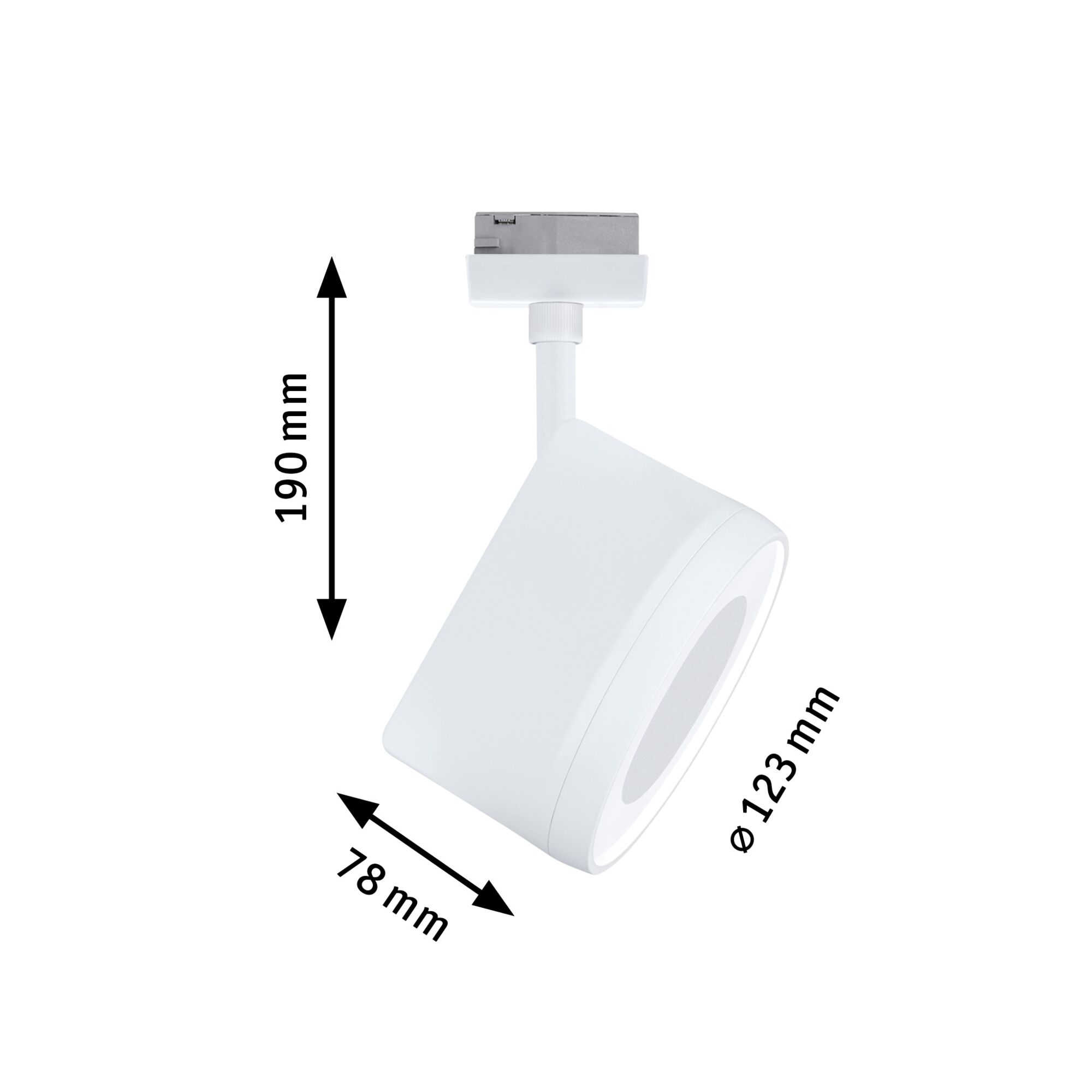 Weißer LED-Spot aus Kunststoff mit 190 mm Höhe und 123 mm Durchmesser für Schienensysteme