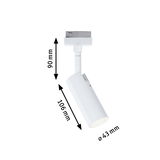 White metal LED spotlight measuring 90x106 mm with 43 mm diameter for track lighting systems