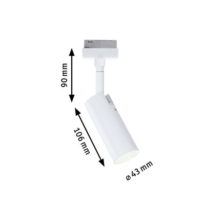 White metal LED spotlight measuring 90x106 mm with 43 mm diameter for track lighting systems