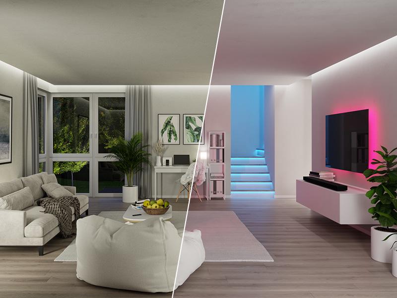 Modernes Wohnzimmer mit neutraler Beleuchtung links und farbiger LED-Stimmungsbeleuchtung rechts, Smart Home Lichtsteuerung.
