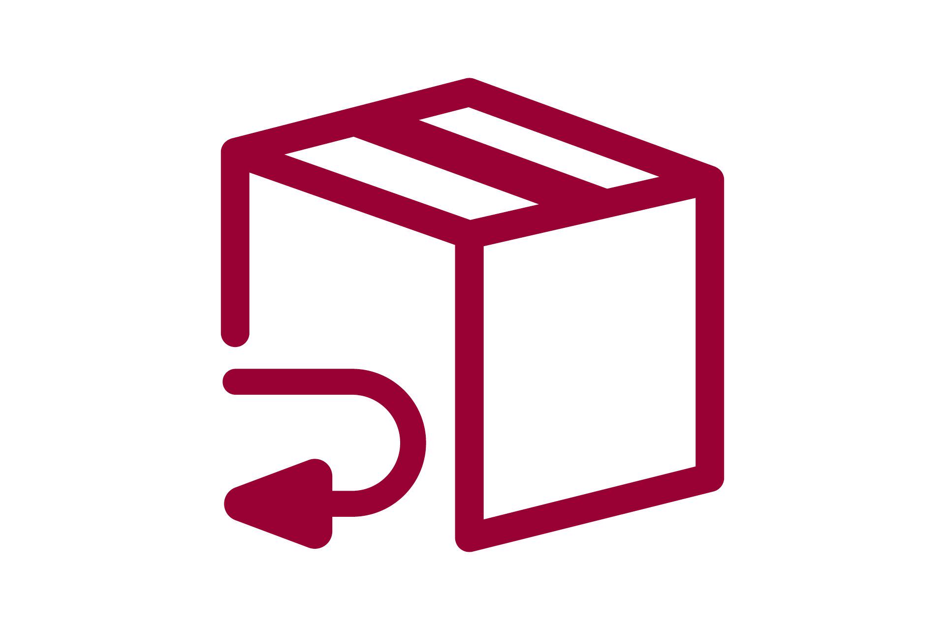 Rotes Rückgabe-Piktogramm mit Paket und Pfeil symbolisiert Rücksendung im Online-Shop