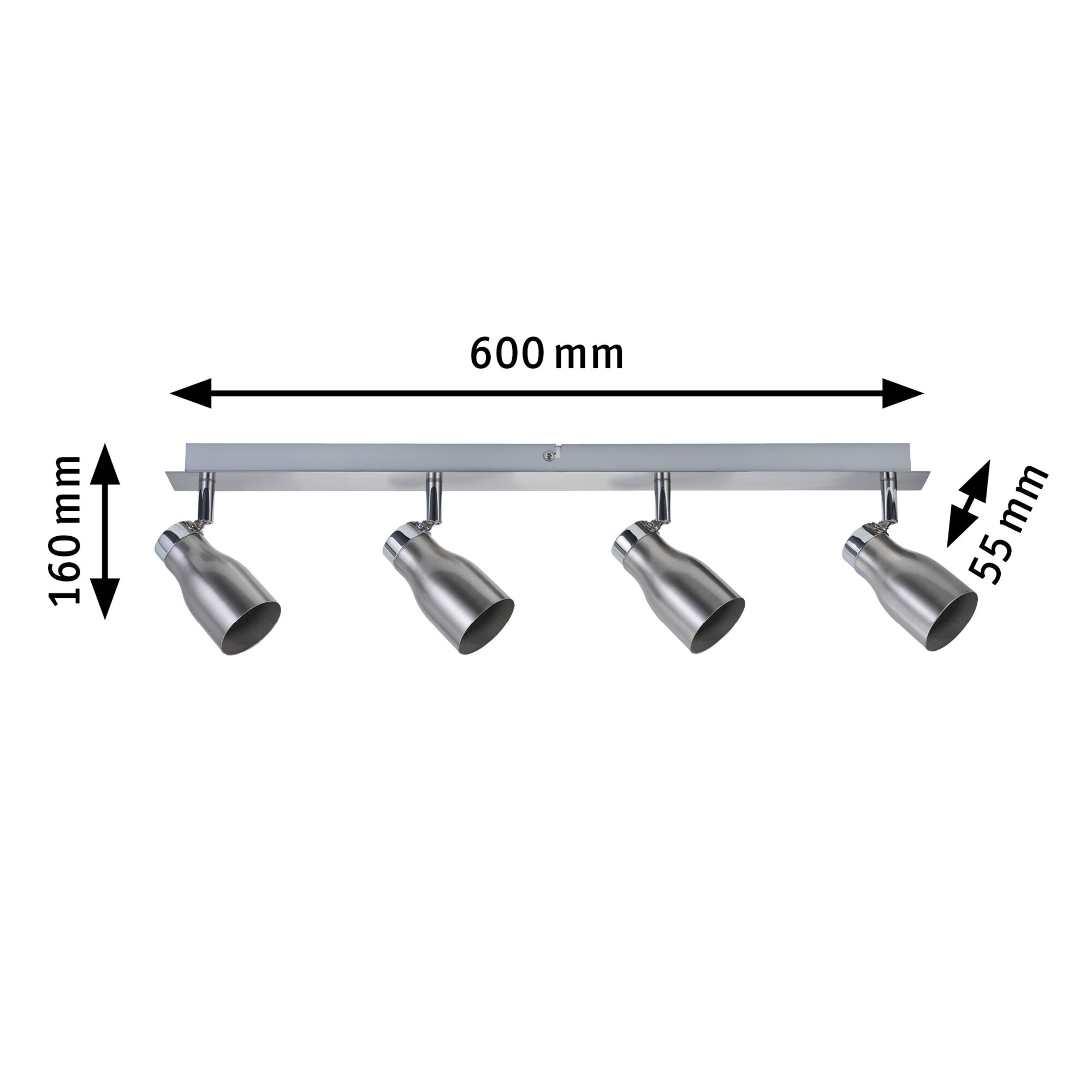 Four-light LED ceiling spotlight in brushed stainless steel with adjustable heads and dimensions.