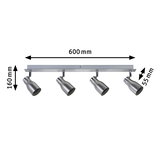 Four-light LED ceiling spotlight in brushed stainless steel with adjustable heads and dimensions.