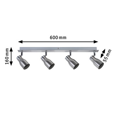 Four-light LED ceiling spotlight in brushed stainless steel with adjustable heads and dimensions.