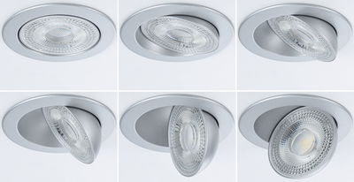 Sechs Ansichten eines silbernen, einstellbaren LED-Einbaustrahler mit klarem Glasreflektor für Innenbeleuchtung.