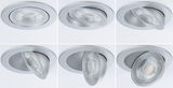 Sechs Ansichten eines silbernen, einstellbaren LED-Einbaustrahler mit klarem Glasreflektor für Innenbeleuchtung.