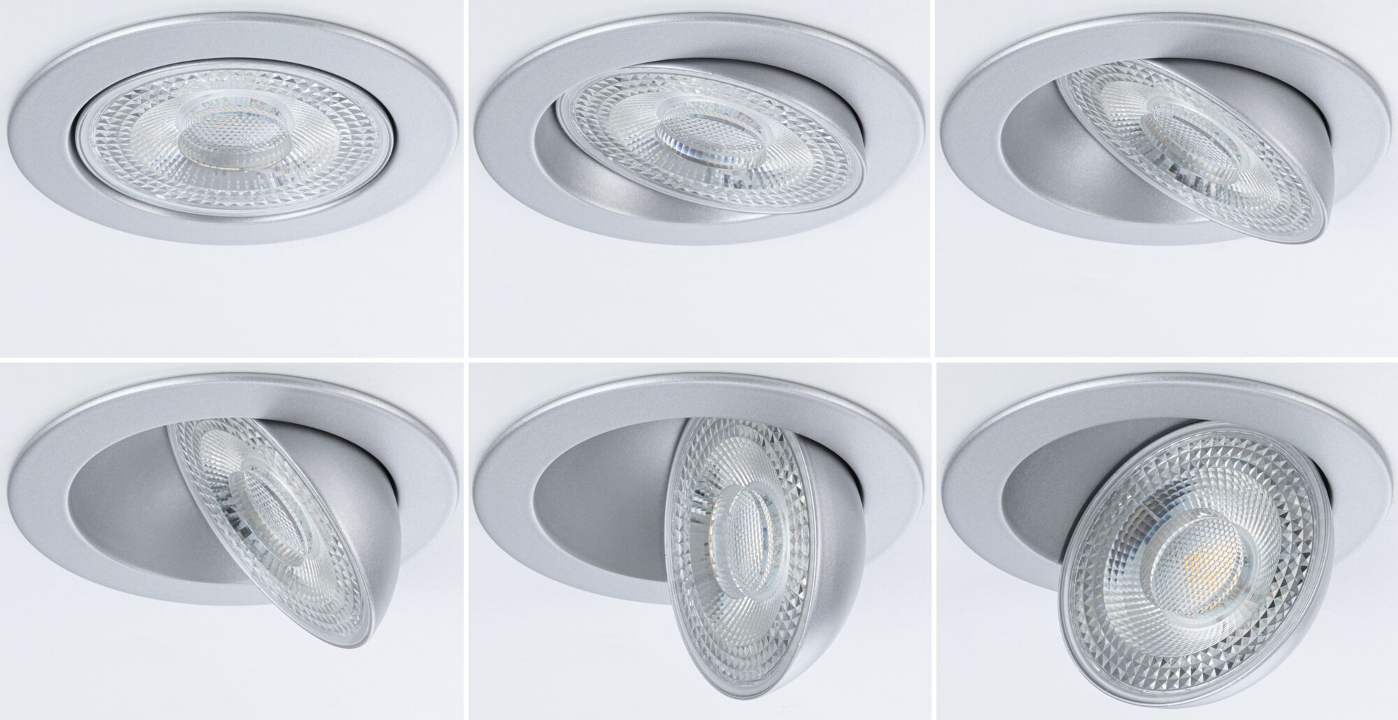 Sechs Ansichten eines silbernen, einstellbaren LED-Einbaustrahler mit klarem Glasreflektor für Innenbeleuchtung.