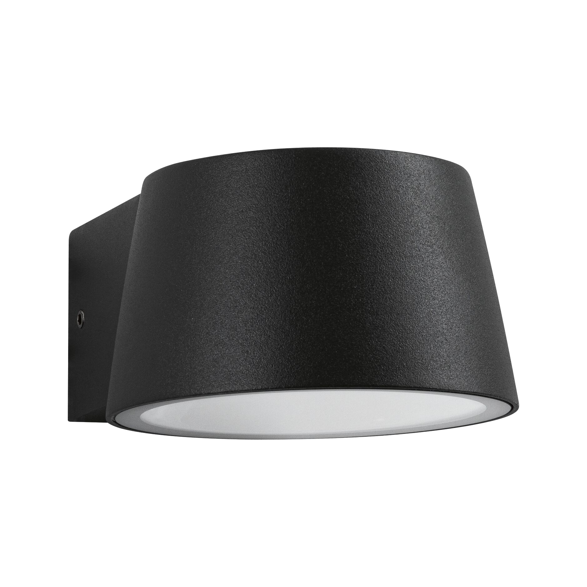 Schwarze Wandlampe aus Metall mit rundem Design und weißem Diffusor für moderne Außenbeleuchtung