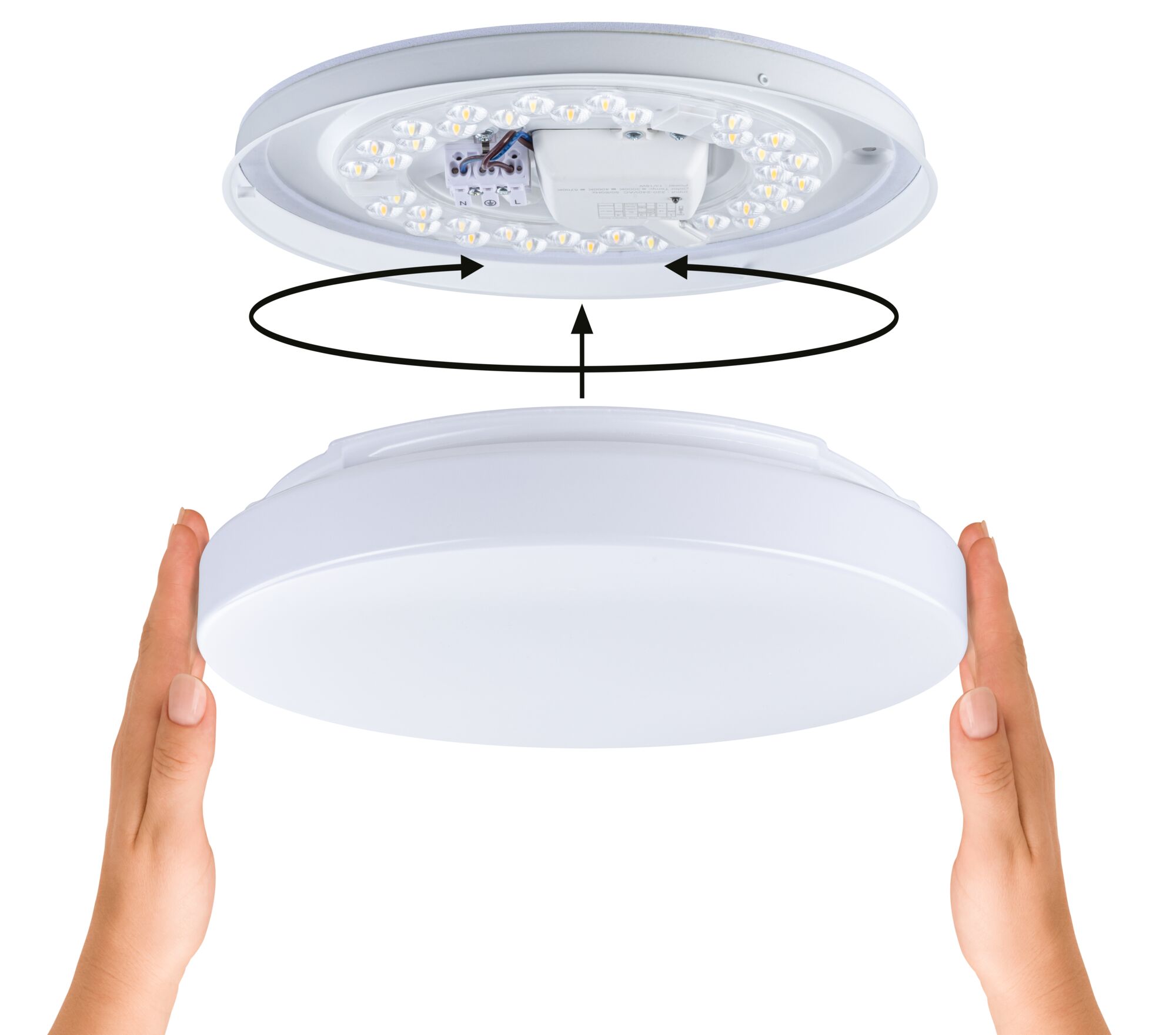 White round LED ceiling light in plastic with removable diffuser and visible LEDs
