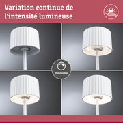 Plafonnier LED blanc dimmable avec design cannelé montrant différents niveaux de luminosité