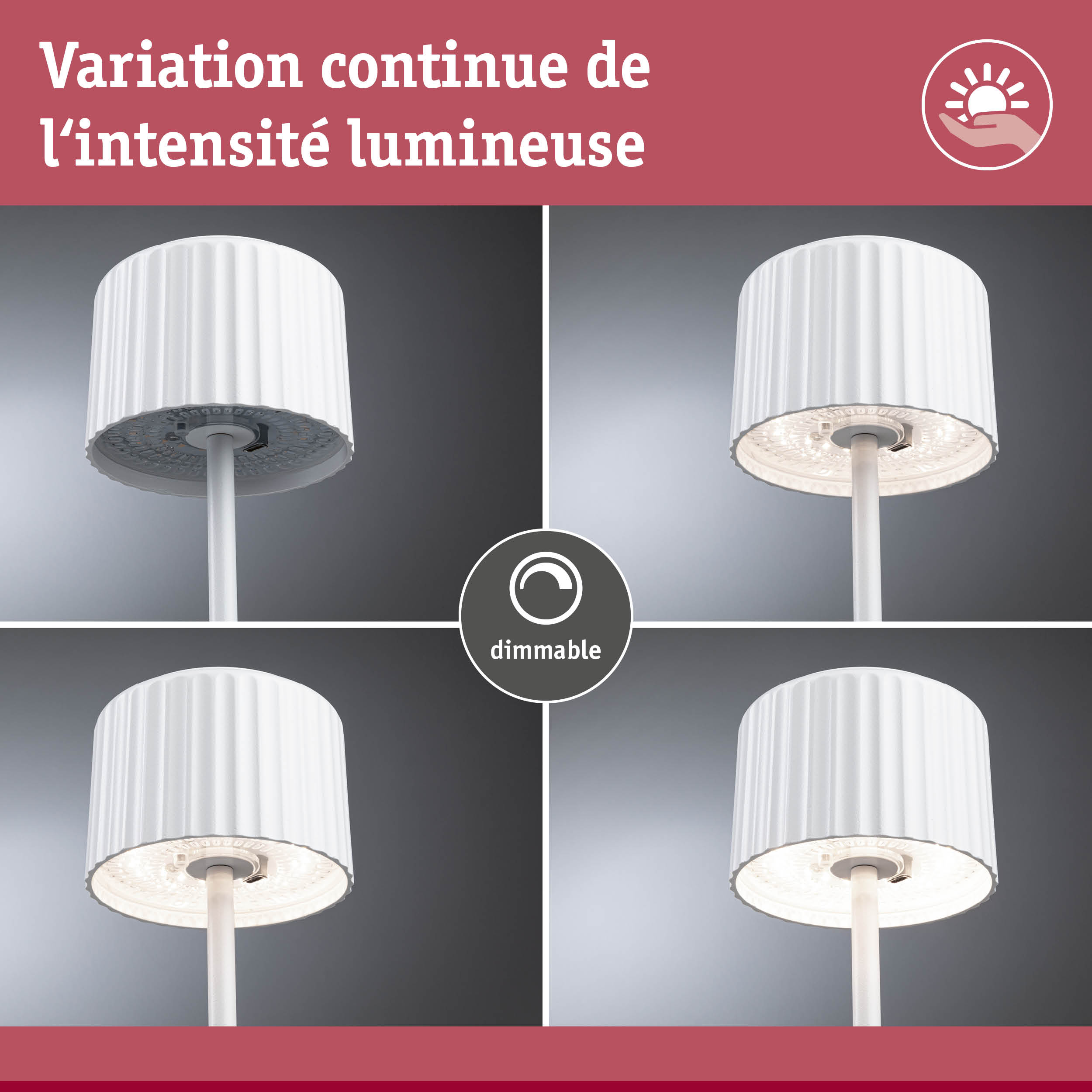 Plafonnier LED blanc dimmable avec design cannelé montrant différents niveaux de luminosité