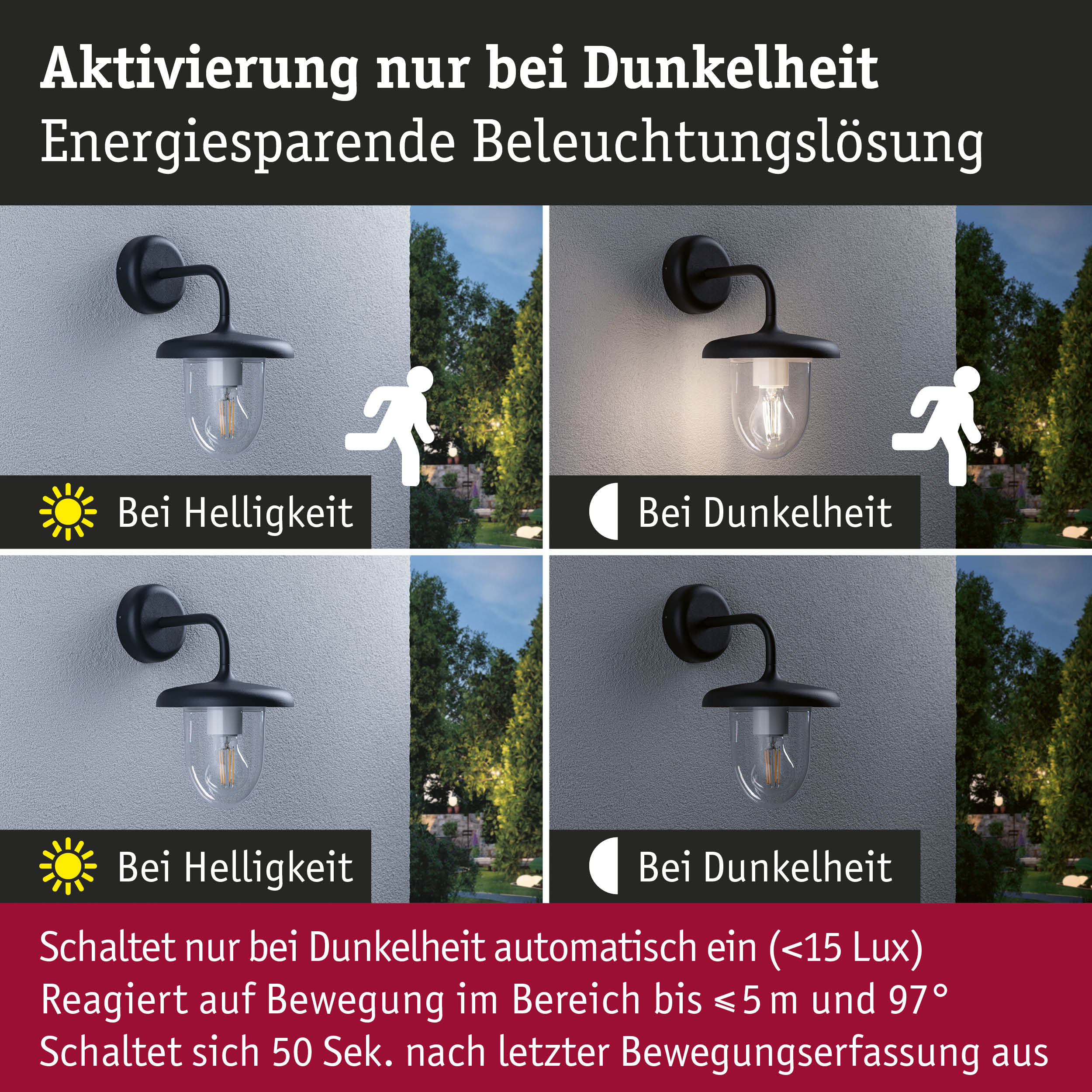 Schwarze Außenwandleuchte mit Bewegungsmelder aktiviert nur bei Dunkelheit für energiesparende Beleuchtung