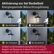 Schwarze Außenwandleuchte mit Bewegungsmelder aktiviert nur bei Dunkelheit für energiesparende Beleuchtung