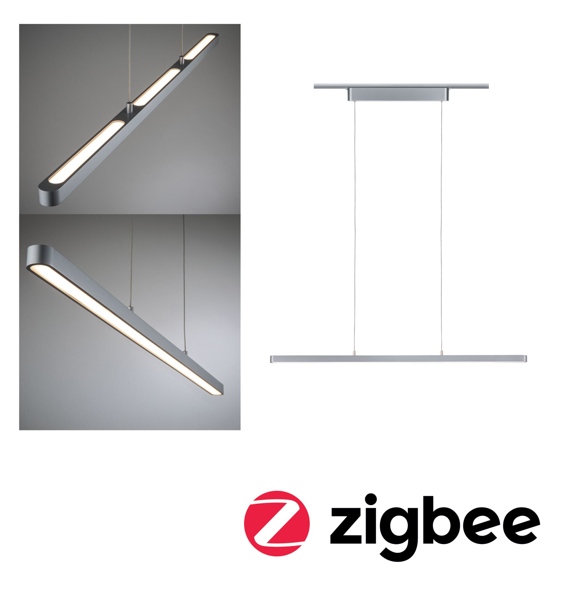 URail Pendants Smart Home Zigbee 3.0 Lento 3x600lm 3x13,5W Tunable White dimmable 230V Chrome matt Modern silver aluminum LED pendant light with warm white light and Zigbee smart control compatibility