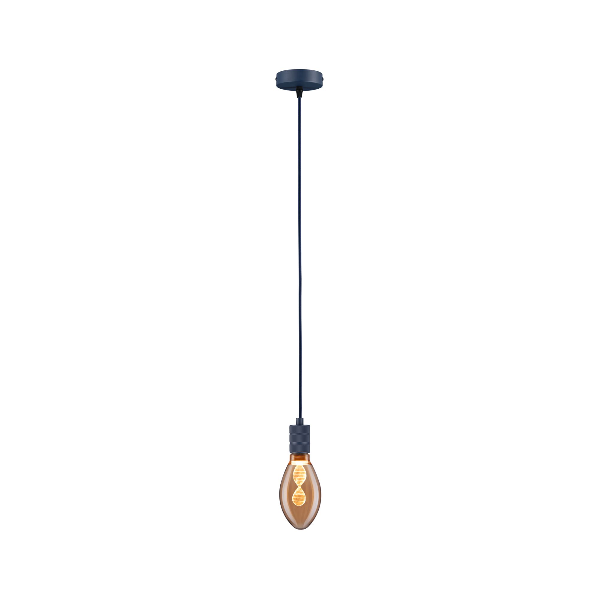 Pendant light with black cord and warm white LED filament in amber-colored bulb for ambient lighting