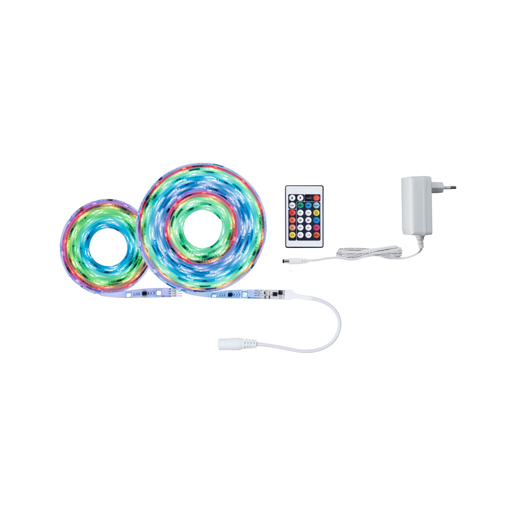 Bunt leuchtendes LED-Lichtband mit Fernbedienung und Netzteil für flexible Raumbeleuchtung