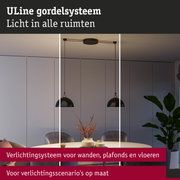 ULine gordelsysteem met zwarte hanglamp in stijlvolle eetkamer met grijze stoelen en tafel