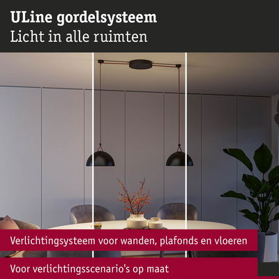 ULine gordelsysteem met zwarte hanglampen boven eettafel in moderne minimalistische kamerverlichting