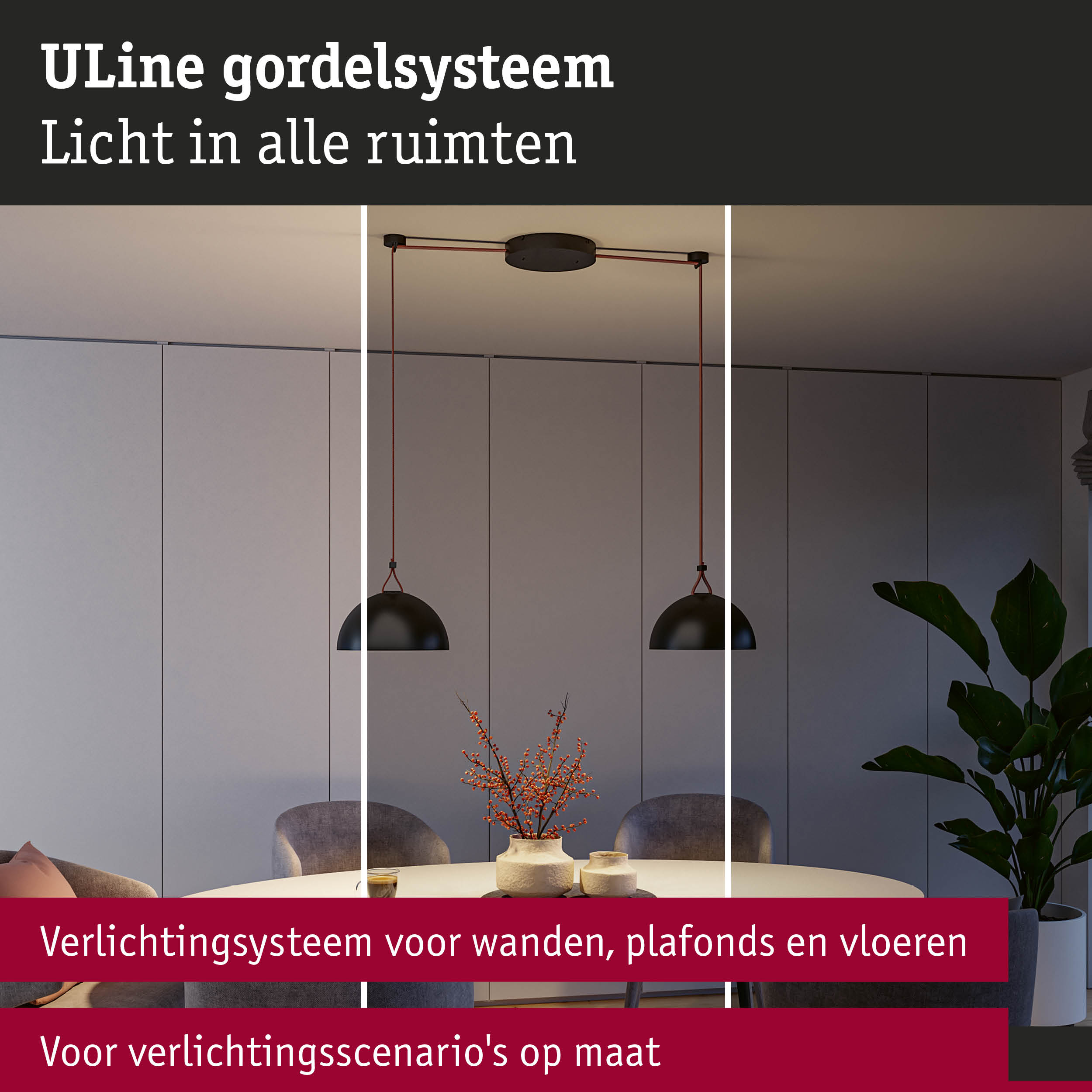 ULine gordelsysteem met zwarte hanglamp in stijlvolle eetkamer met grijze stoelen en tafel