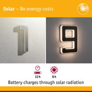 Solar-powered house number with LED lighting in black and white for energy-saving outdoor illumination