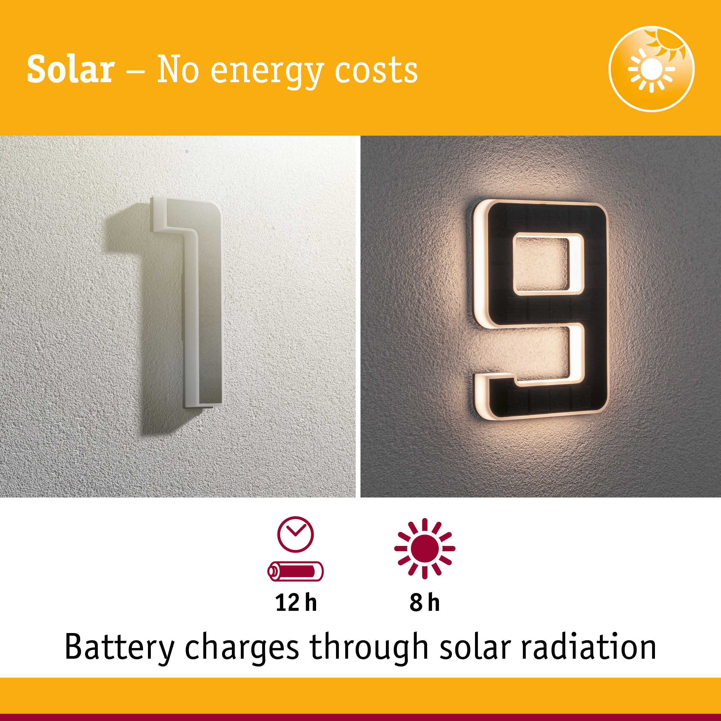 Solar-powered house number with LED lighting in black and white for energy-saving outdoor illumination