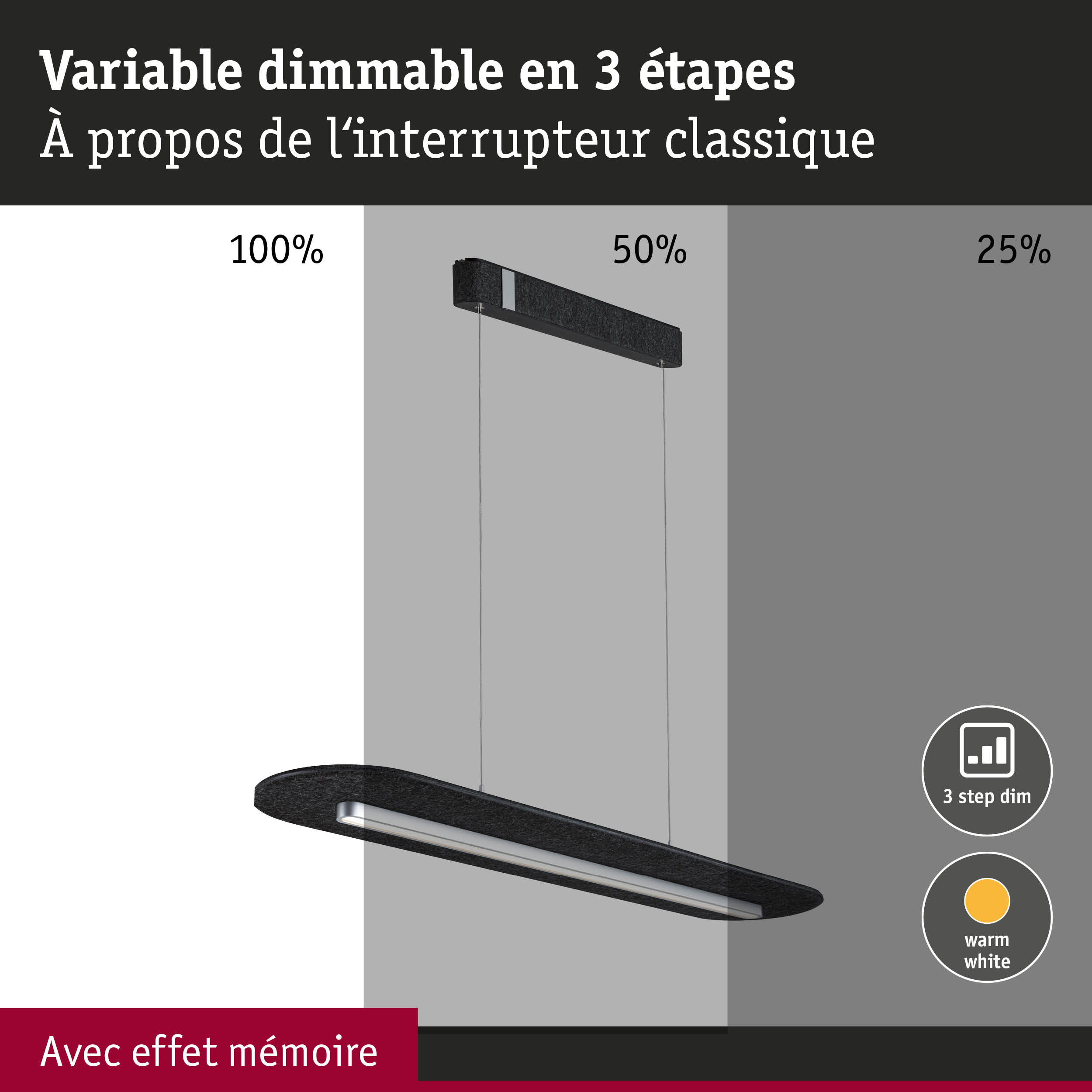 Suspension LED noire avec gradation en 3 étapes et lumière blanc chaud pour intérieur