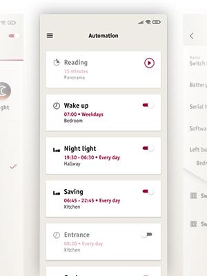 Smartphone screen displaying automation app with scheduled light controls for different rooms.